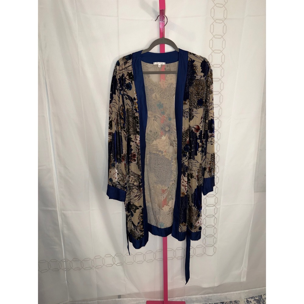Willow & Clay Floral Velvet Burnout Kimono Cardigan Navy Blue Beige Size S/M